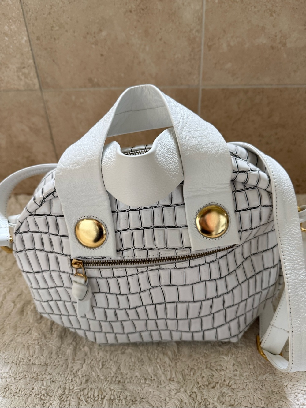 NWOT Daniella Lehavi White Croc-Embossed Dome Satchel with Gold Hardware - Picture 2 of 5